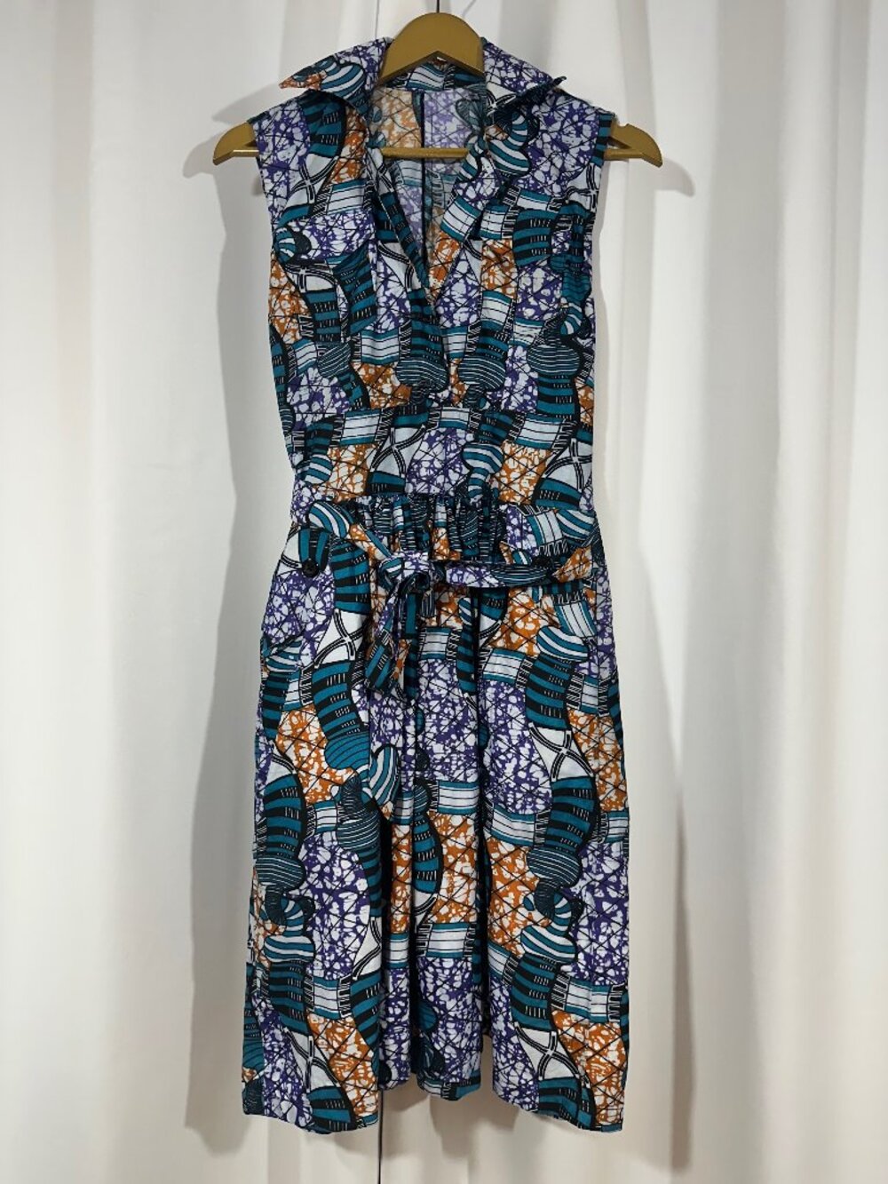 Ankara Wax Print Dress Small Colorful Tie Waist Fit & Flare Midi Dress Summer